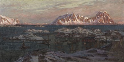 Fishing Harbour with Sunlit Mountains. Study from North Norway, c1900s. Creator: Anna Katarina Boberg.