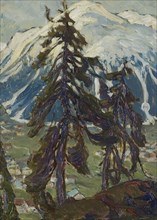 Fir Trees in front of the Mountains. Study from North Norway, c1900s. Creator: Anna Katarina Boberg.