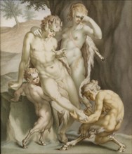 A satyr, a mean, and two fauns, busy pulling out a needle, 1713. Creator: Carl Gustav Klingstedt.