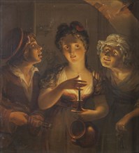 Girl Holding a Candle Standing between a Fiddler and an Old Woman, 1830. Creator: Pehr Berggren.