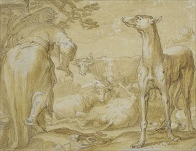 Landscape with two women, a greyhound and cattle. Creator: Unknown.