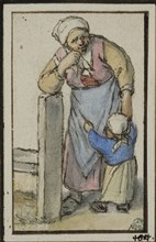 Woman leaning against a post, with a small child. Creator: Adriaen van Ostade.