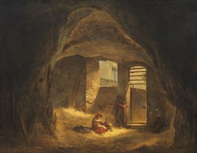 Italian Peasants in a Grotto (Antique Grotto in the Tarpeian Rock), 1821. Creator: Alexander Lauréus.