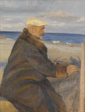 Michael Ancher painting on the beach, 1901. Creator: Anna Kirstine Ancher.