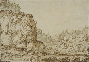 Rocky landscape with ruins and a mountain village. Creator: Jan Symonsz. Pynas.