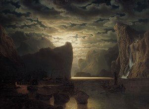 Norwegian Fjord in Moonlight. Motif from the Sogne-Fjord, 1861. Creator: Markus Larsson.