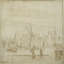 harbour with two men on a raft. Creator: Pieter Coopse.