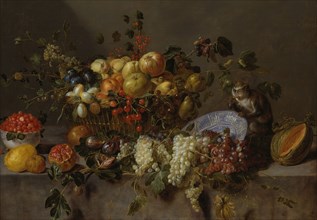 Still Life with Fruit and a Monkey eating Grapes, 1635. Creator: Adriaen van Utrecht.