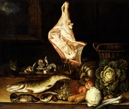 Still Life with a Joint of Veal, Greens and Fish. Creator: Christian von Thum.