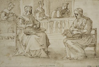 Two women with bowls in their laps sit on a terrace. Creator: Pietro Liberi.