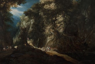 Wooded Mountain Landscape with Waterfall and Travellers, first half of 17th century. Creator: Gysbrecht Leytens.
