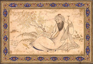Bearded Man Reading in a Landscape, Dated AH 1045/ AD 1635. Creator: Mu'in Musavvir.