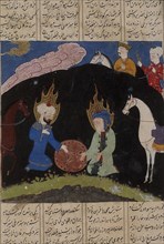 Iskandar Finds Khizr and Ilyas at the Fountain of Immortality..., c1485-95. Creator: Unknown.