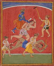 Krishna Killing King Kamsa and Balarama Slaying a Wrestler, c1630. Creator: Unknown.