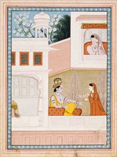 Krishna Talks to Radha's Maidservant, Folio from a Satsai (Seven Hundred Verses..., c1825. Creator: Unknown.