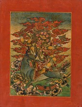 Yellow Yama (?) and Consort on Bull, Nyingmapa Buddhist or Bon Ritual Card, 18th-19th century. Creator: Unknown.
