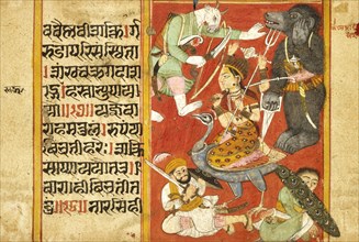 Vaishnavi and Varahi Fighting Asuras(Recto), Kumari Fighting Asuras(Verso)..., between 1675 and 1700 Creator: Unknown.