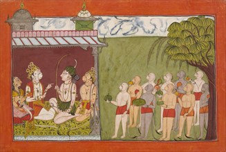 Lakshmana Meets with Tara, Sugriva, and Hanuman in the Palace of Kishkandha..., c1700. Creator: Unknown.