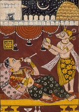 Harinaigameshin Brings the Embryo of Jina Mahavira to Queen Trishala..., Mid-17th century. Creator: Unknown.