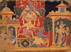 Krishna Uproots the Parijata Tree, Folio from a Bhagavata Purana..., between 1525 and 1550. Creator: Unknown.