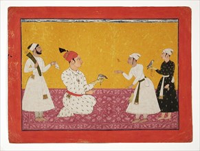 Raja Medini Pal (Reigned 1722-1736) of Basohli Being Presented with a Falcon, c1725. Creator: Unknown.
