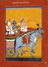 Krishna and Balarama Being Driven by Akrura to Mathura, Folio from a Bhagavata..., c1730. Creator: Unknown.