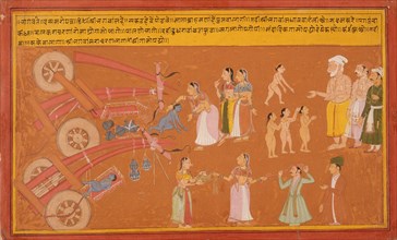 Krishna Breaks the Cart, Folio from a Bhagavata Purana (Ancient Stories of the Lord), c1725. Creator: Unknown.