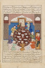 Hormuz Forces His High Priest to Eat Poisoned Food..., c1485-1495. Creators: Unknown, Ferdowsi.