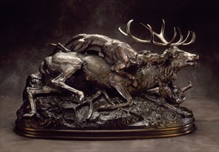 Stag Brought Down by Scottish Hounds, c.1833. Creator: Antoine-Louis Barye.