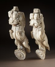 Pair of Architectural Brackets in the Form of Rampant Leonine Creatures (yali..., 17th century. Creator: Unknown.