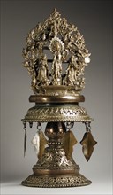 Temple Lamp with the Buddhist God Chintamani Lokeshvara and Attendants, Late 19th century. Creator: Unknown.