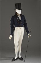 Man’s tailcoat, probably England, 1825-1830. Pantaloons: 1825-1850, Stock: c.1830, Top hat: c.1815. Creator: Unknown.