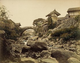 View on Amidabashi (Amida Bridge) over Nagasaki’s Zeniyagawa (Zeniya River..., 1865. Creator: Unknown.