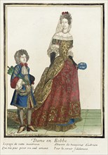 Recueil des modes de la cour de France, 'Dame en Robbe', Bound 1703-1704. Creators: Henri Bonnart, Jean-Baptiste Bonnart.