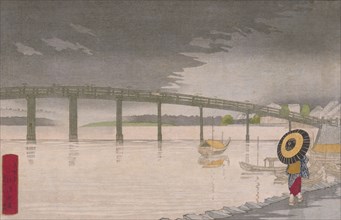 View of Rainfall on Shin-Ou-hashi in To-kei, 1876. Creator: Kobayashi Kiyochika.