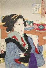 Looking Weighed Down: The Manner of a Waitress at Fukagawa in the Tenpo Era..., 1888. Creator: Tsukioka Yoshitoshi.