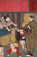 The Child of Horisaka Sahei Tied to a Rice Bale, 1875. Creator: Tsukioka Yoshitoshi.