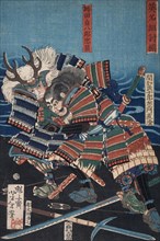 Konda Teihachiro Tadakazu and Makara Jurozaemon Naozumi(?) Grappling by the Water, 1866. Creator: Tsukioka Yoshitoshi.