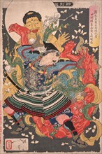Gamo Sadahide's Servant, Toki Motosada, Hurling a Demon King to the Ground at Mount Inohana, 1890. Creator: Tsukioka Yoshitoshi.