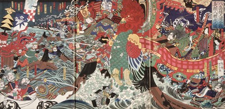 Yoshitsune Leaps Over Eight Boats at Dannoura Bay during the Battle of Yashima, 19th century. Creator: Tsukioka Yoshitoshi.