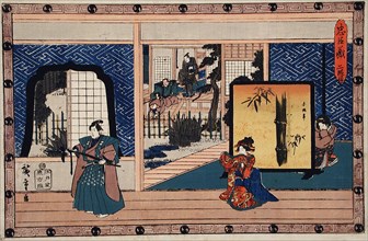 Act II: Konami Receiving Rikiya while Her Mother Watches; Honzo Holds..., between c1835 and c1839. Creator: Ando Hiroshige.
