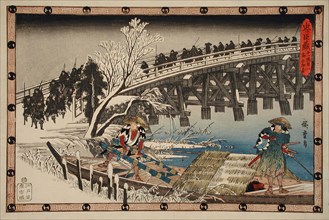 Act XI First Episode: Ronin Crossing a Bridge at Night on the Way to..., between c1835 and c1839. Creator: Ando Hiroshige.