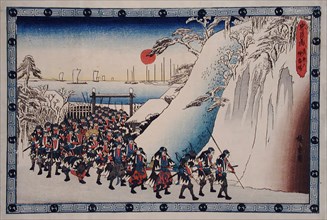 Act XI Sixth Episode: Ronin Enter Sengakuji Temple to Pay Homage to Their...between c1835 and c1839. Creator: Ando Hiroshige.