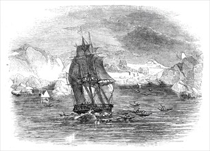 The North Atlantic Telegraph - The Expedition arriving at Kaksimiut, Greenland, 1860. Creator: Unknown.