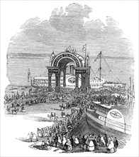 The Prince of Wales at Montreal - Pavilion on the Quay - the Prince landing, 1860. Creator: Unknown.
