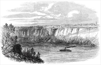Farina, with a man on his back, crossing the Niagara on a tightrope..., August 29, 1860. Creator: Unknown.