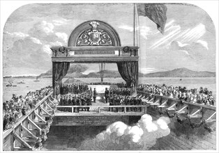 The Prince of Wales laying the last stone of the Victoria Bridge over the St. Lawrence..., 1860. Creator: Unknown.