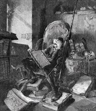 Don Quixote in his Study - from a painting by Schrödter, 1860. Creator: W Thomas.