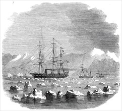 H.M.S. "Termagant" convoying the gun-boats "Grappler" and "Forward" through the Straits..., 1860. Creator: Unknown.