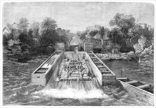 The Prince of Wales in Canada - His Royal Highness descending a timber-slide at Ottawa..., 1860. Creator: Unknown.